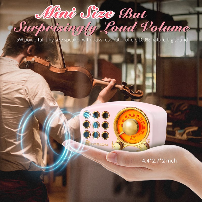 Greadio Retro Bluetooth Speaker, Vintage Radio-Greadio FM Radio with Old Fashioned Classic Style, Strong Bass Enhancement, Loud Volume, Bluetooth 5.0 Wireless Connection, TF Card and MP3 Player (Pink) - Image 2